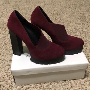 Burgundy Velvet stack heel Baldi pumps